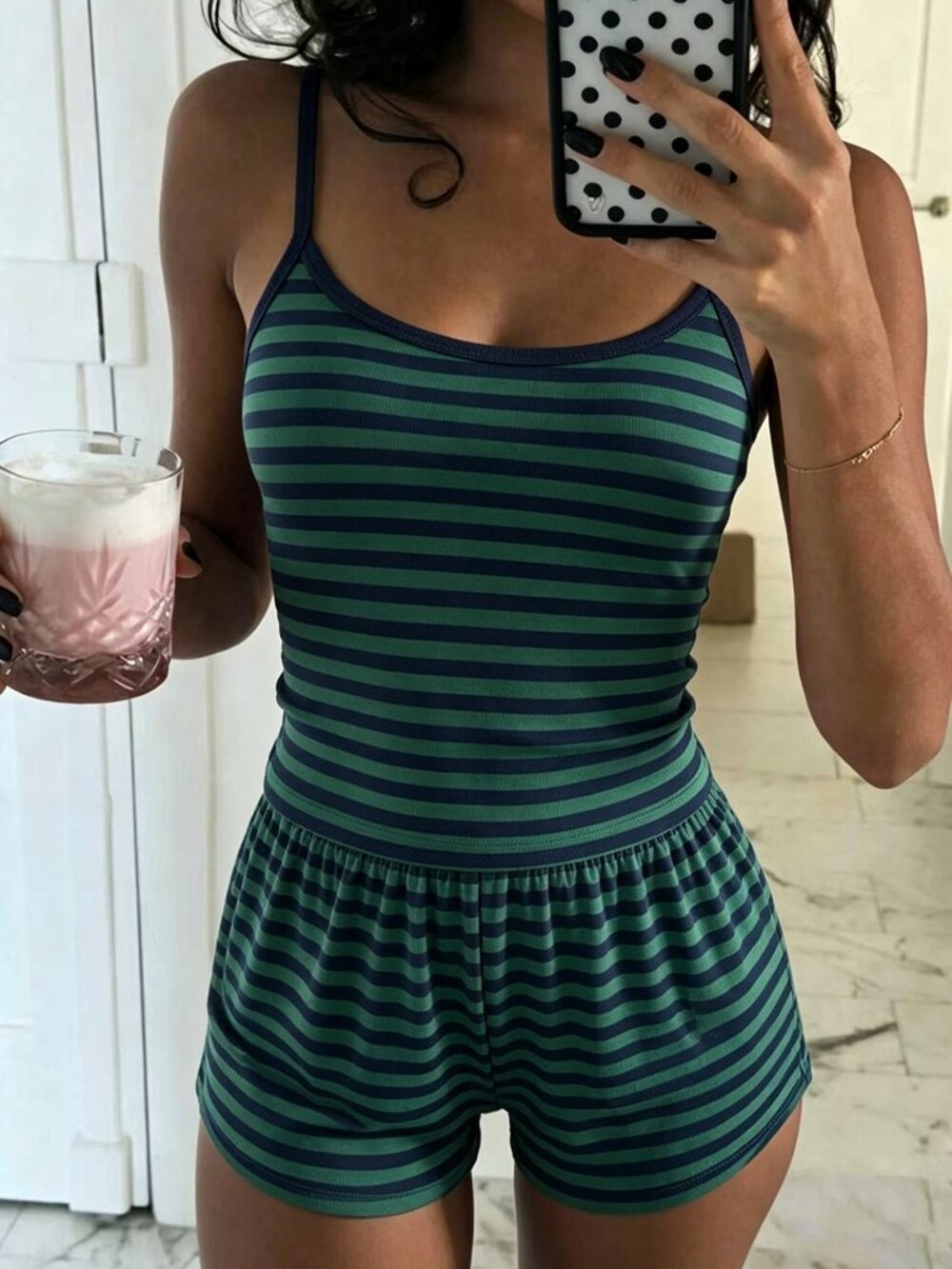 Green Casual Women's Striped Camisole Top And Shorts Set